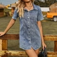 thumbnail image 3 of Vestido vaquero para mujer, con cuello con muesca y botones a presión, cintura elástica, para llevar en verano o en looks informales., 3 of 8