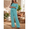 thumbnail image 4 of JWD Women's 2 Piece Pajama Set Off-Shoulder Short Sleeve Top And Wide Leg Lounge Pants Soft Cozy Sleepwear Loungewear Haze Blue 2XL, 4 of 7