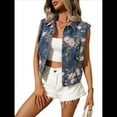 thumbnail image 2 of Denim Vest Women Sleeveless Casual Floral Printed Jean Waistcoat Jacket Middle Blue M, 2 of 9