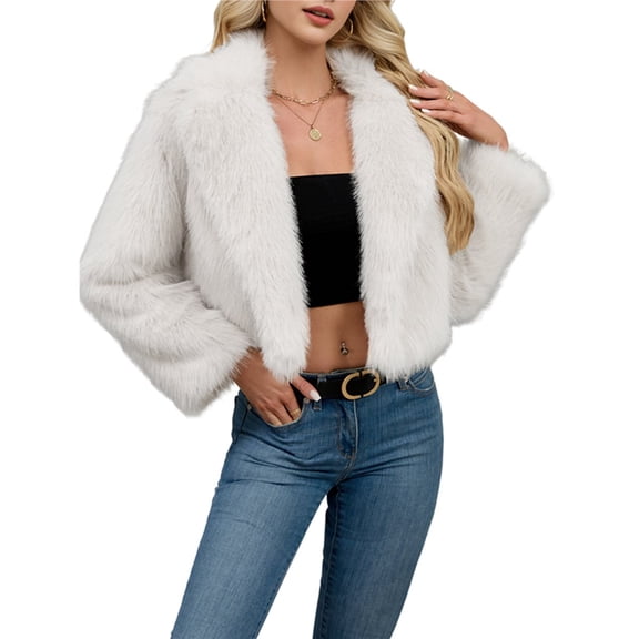 Women's Winter Coats Fleece Cropped Jacket Faux Fur Long Sleeve Pockets Warm Outerwear Fall Clothes White M