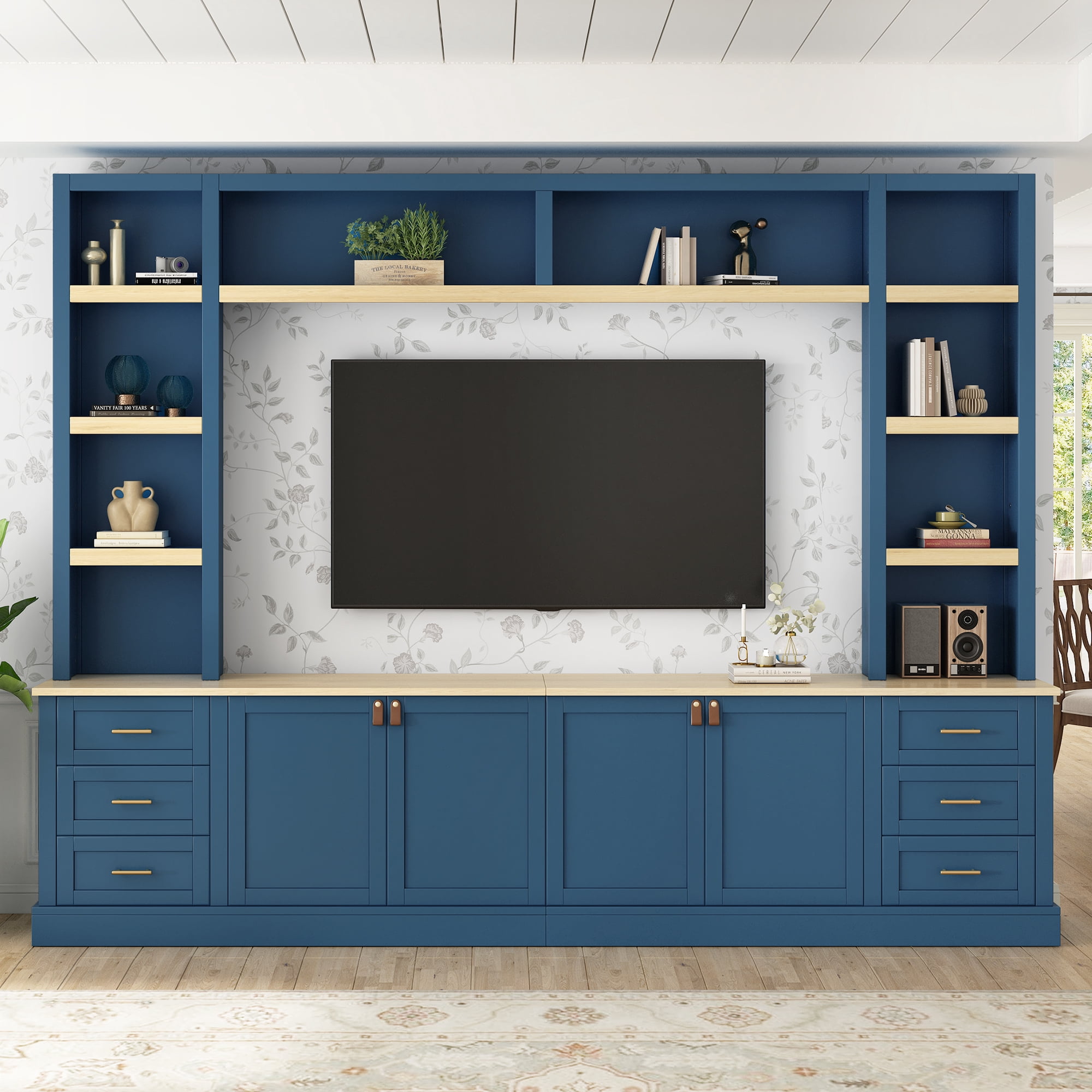 Euroco 102.3"W Farmhouse 4-Piece Entertainment Center Wall Unit with Adjustable Shelf, Modern Large TV Stand with Bookshelves
