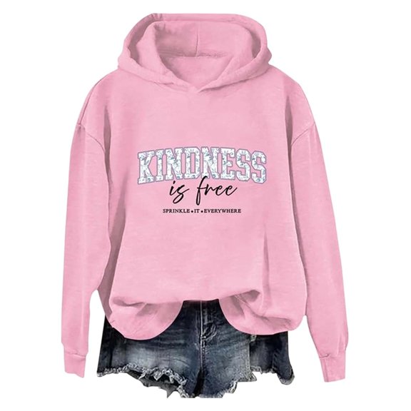 SOFTCCLO Hoodies for Women Long Sleeve Stylish Letter Graphic Drawstring Sweatshirt Oversized Fit Sport Casual Wear Light Pink L