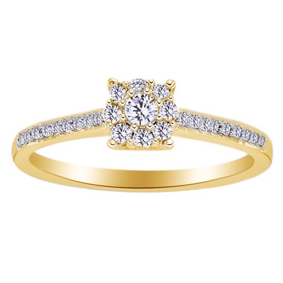 AFFY Round Shape White Diamond Cluster Solitaire Engagement Ring In 10K Solid Yellow Gold (0.25 Cttw)