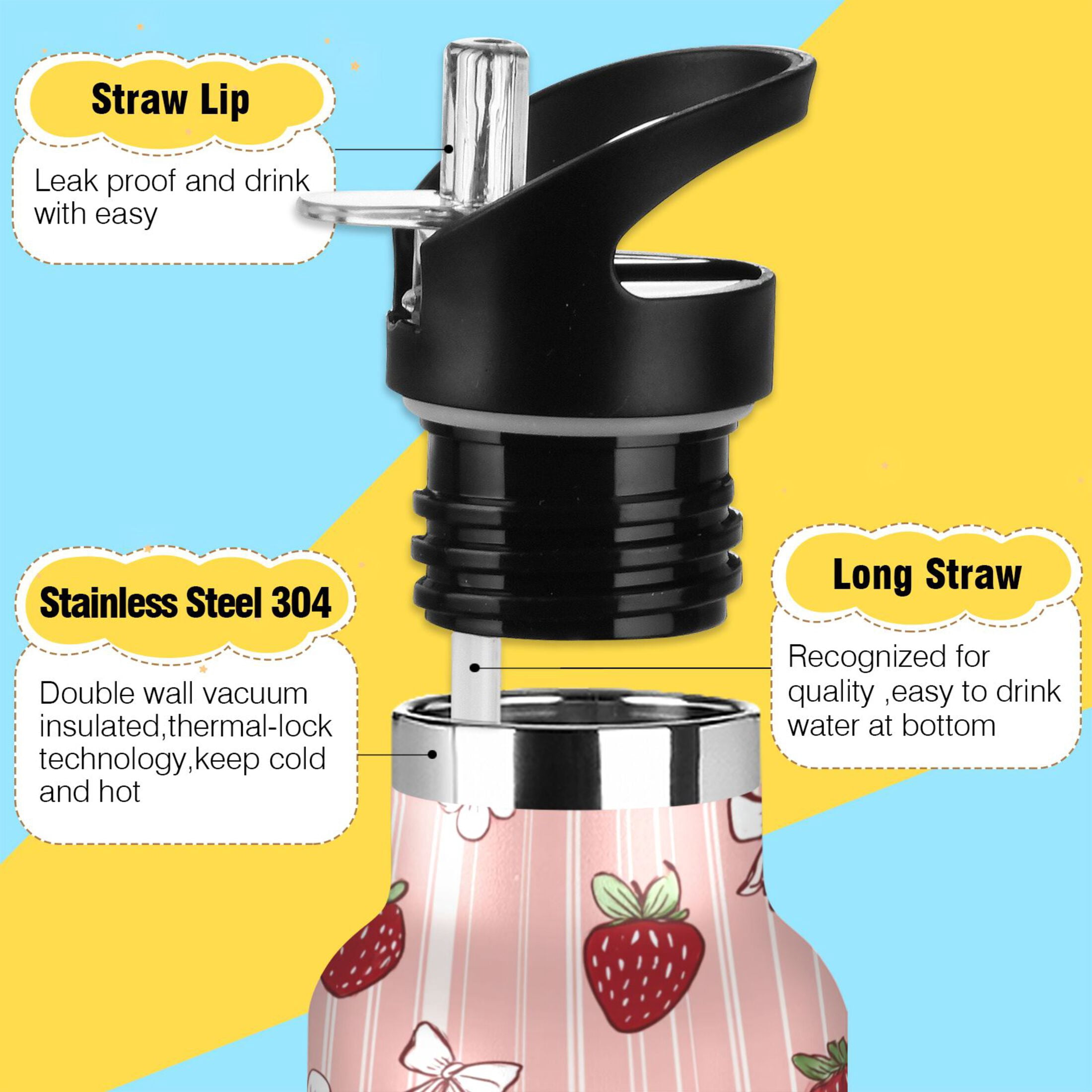 Kids Insulated Stainless Steel Sports Water Bottle 600ml (20oz) Strawberry and Flower