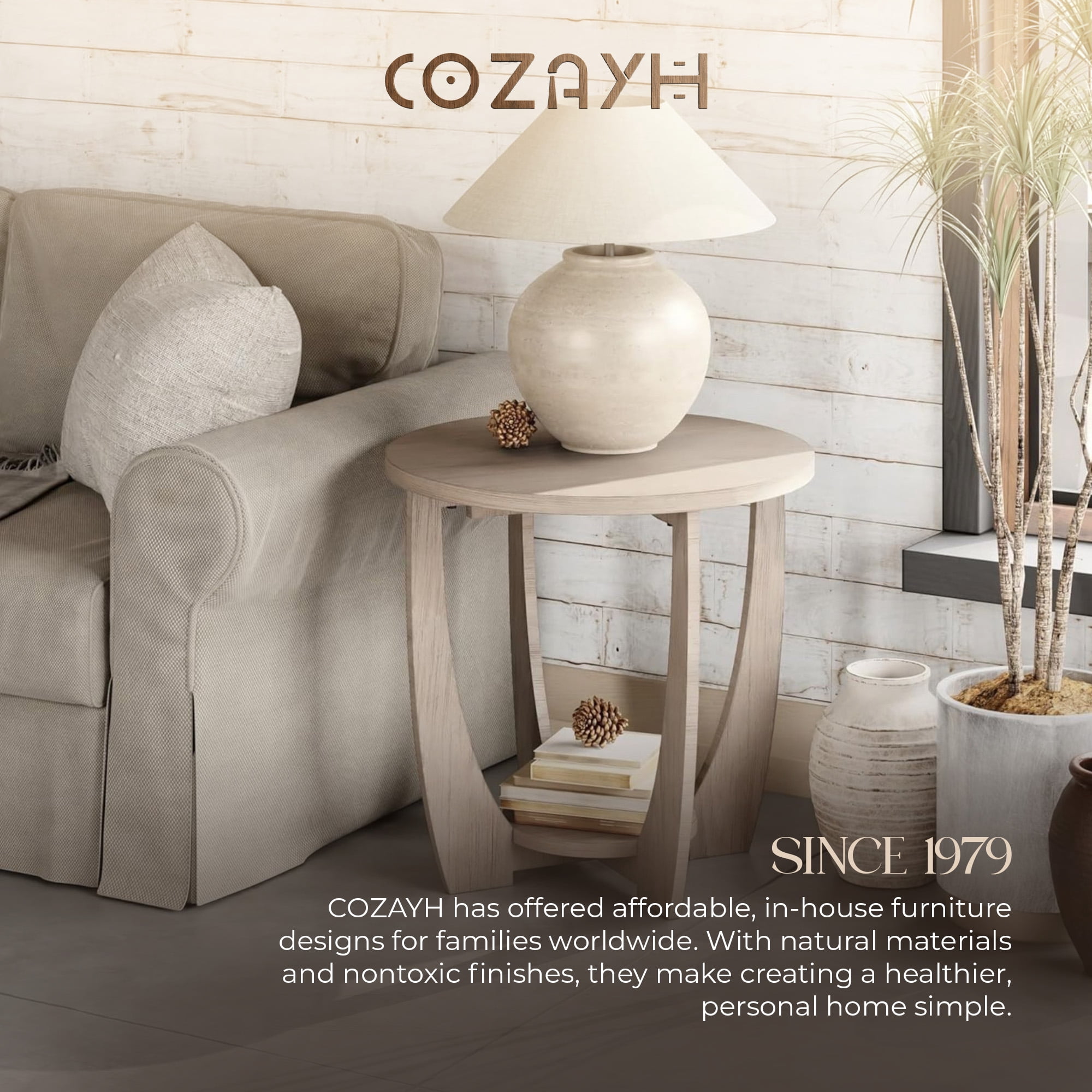 COZAYH Rustic Farmhouse End Table with Storage Shelf, French Country Accent Side Table for Family, Dinning or Living Room, Small Spaces, Modern, Round, Vintage Grey Finish