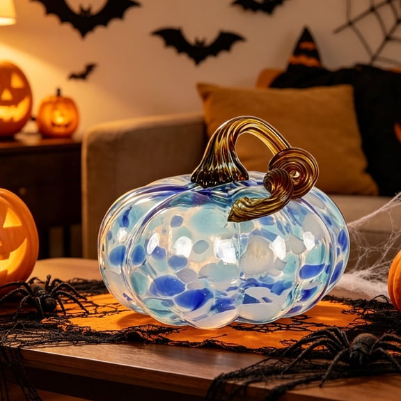 Fall Decor Halloween Pumpkin Decorations Hand Blown Glass Pumpkin Figurine Colorful Speckled Art Glass Pumpkin with Twisted Stem Tabletop Centerpiece for Home Desk Mantel