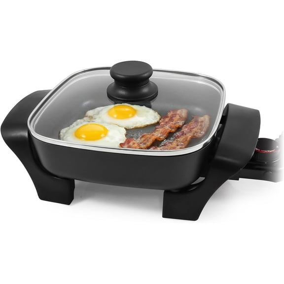 EG808 8” x 8" Non-stick Electric Skillet, Dishwasher Safe with Tempered Glass Vented Lid, Rapid Heat Up, 600W, Black