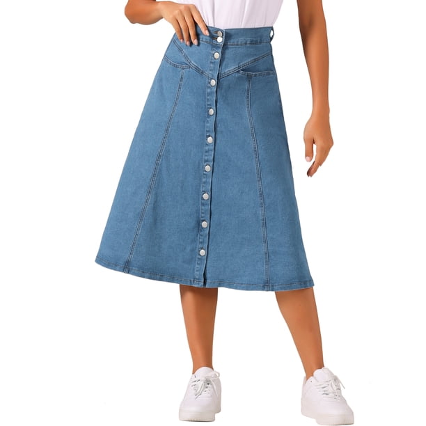 Faldas midi fluidas de cintura alta elásticas con botones en la parte delantera y bolsillos para mujeres Grace & Grandeur M azul claro