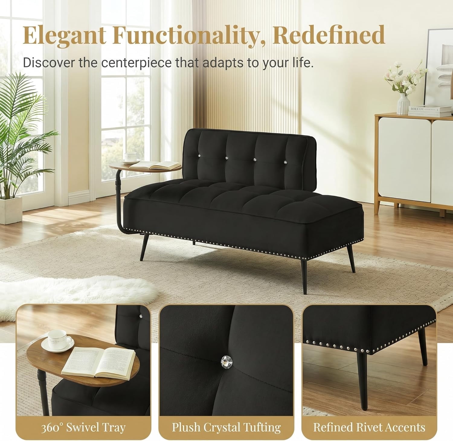 MOONMISS 54 inch 2-Seater Velvet Sofa with 360 Rotating Side Table Space Saving Multi Use Bench Office Living Room Apartment,Black