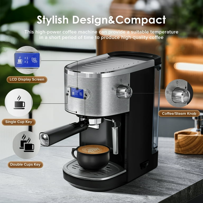 Auseo 20 Bar Espresso Coffee Maker, 1-2 Cup, Milk Frother, 45 OZ