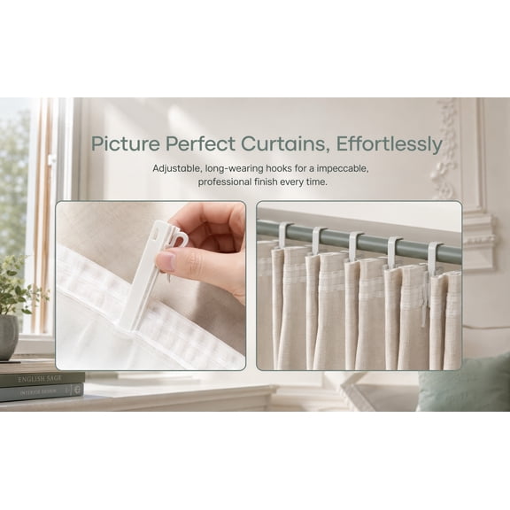 ELAYARD Curtain Hooks Adjustable Ratchet Clips White Plastic for Pleated Curtains 35Pcs