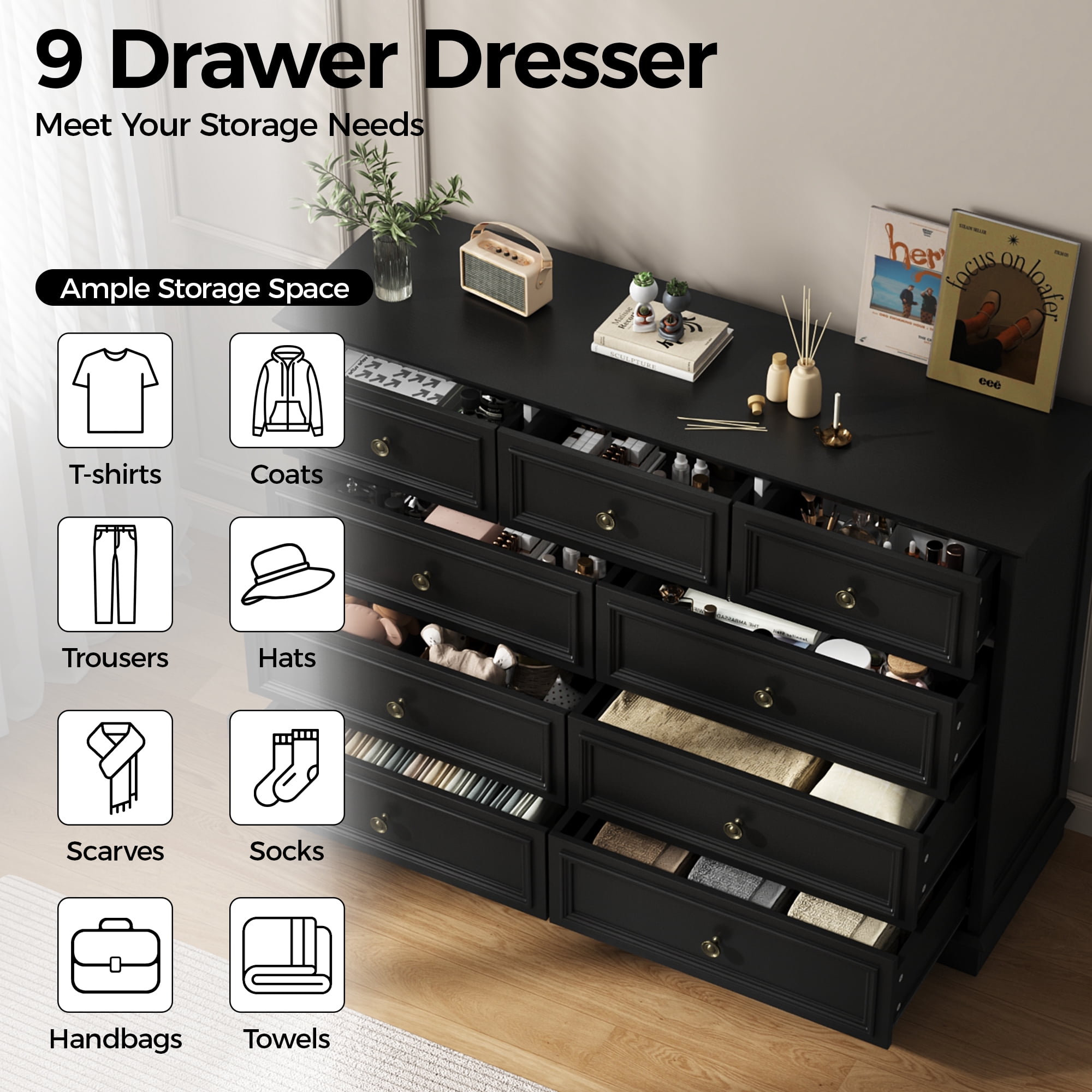 IDEALSOUL Black Dresser, 9 Drawer Dresser with Round Metal Handle, 47.2" Retro Wood Storage Cabinet with 6 large drawer and 2 Small drawer for Living Room, Bedroom, Hallway