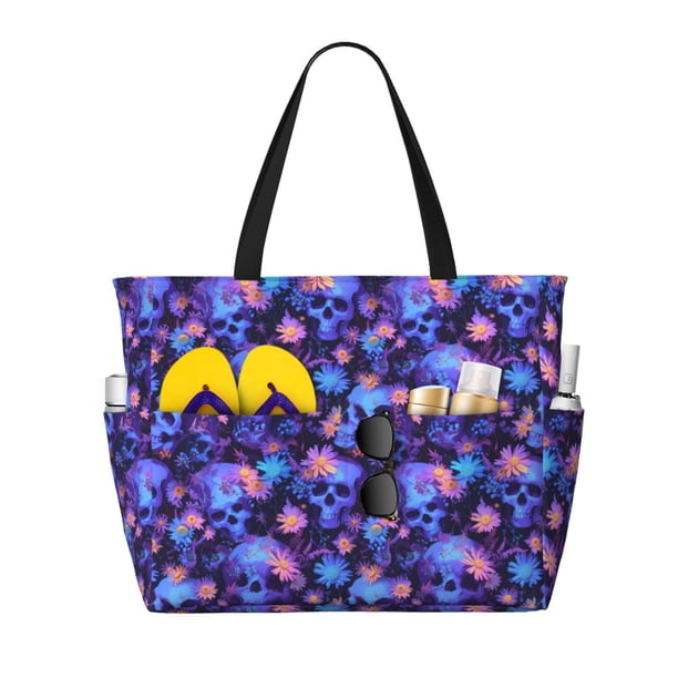 Easygdp Skull daisy purple Bolsa de Viaje de Playa de Gran Capacidad, Bolsa Tote Perfecta para la Playa, Escapadas de Fin de Semana y Viajes