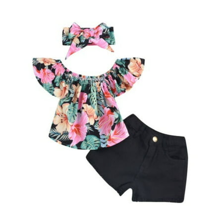 2019 New Toddler Girls Fashion Outfits Sets Floral Top Denim Shorts Headband