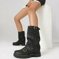 thumbnail image 6 of Women's Leather Slouchy platform Buckle Mid-Calf Boots Comfort Wide Round Toe Slip On lug sole Motorcycle Combat Boots, 6 of 6