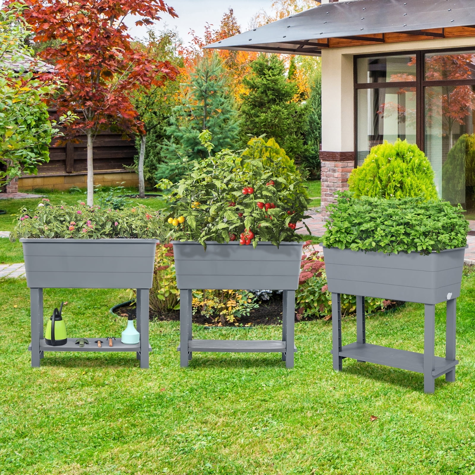 BPS Outdoor Raised Garden Bed, Set of 3 Self-Watering Elevated Planter Box with Legs - Gray
