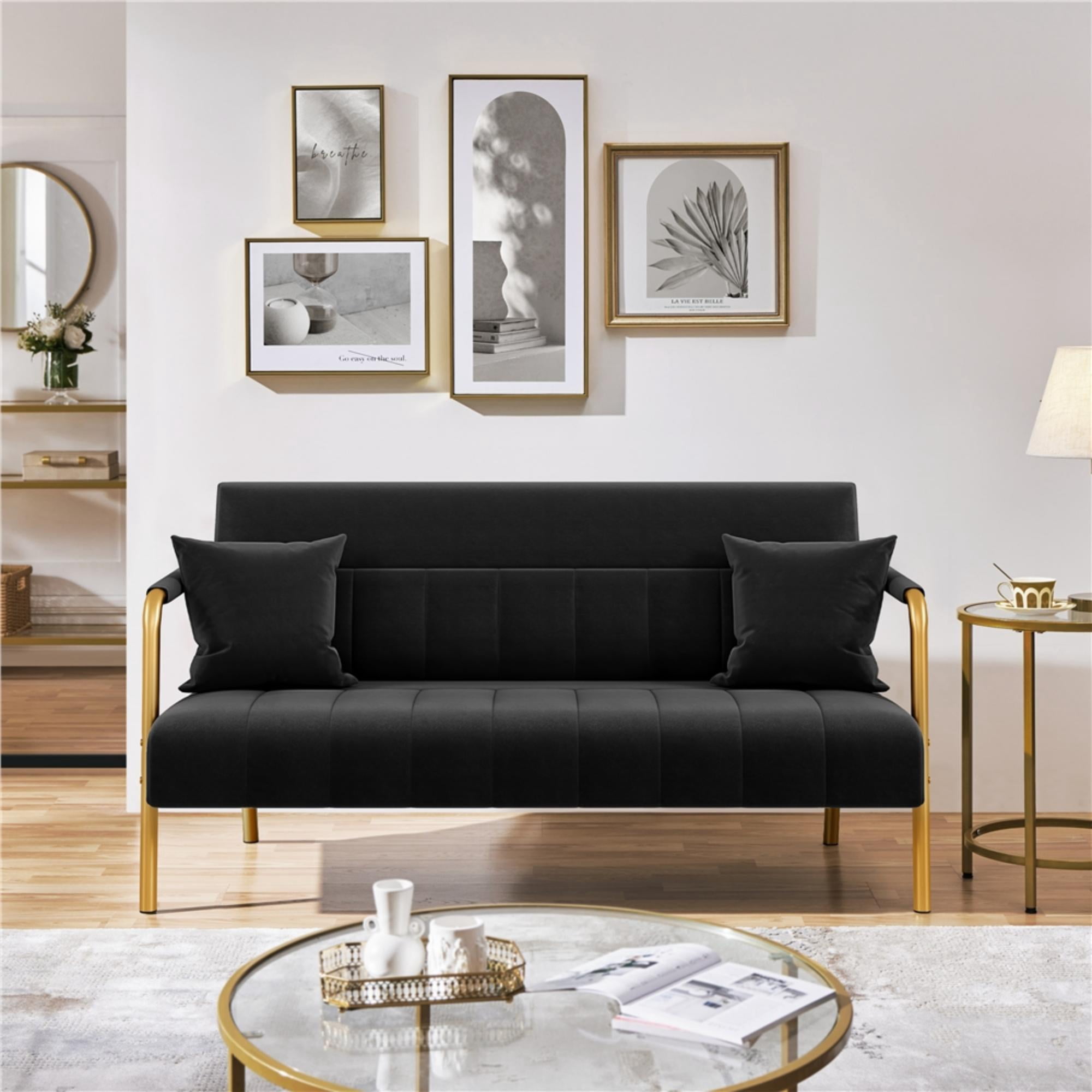 Renwick 56.5" W Upholstered Sofa Couch with Gold Tone Metal Arms and Legs, Black