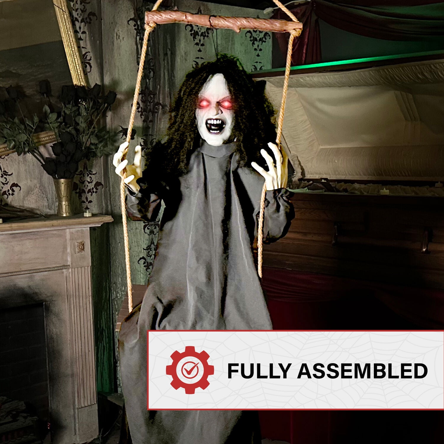 Haunted Hill Farm 15.7 in Animatronic Demon Woman on Swing with Lights and Sound, Halloween Decoration, HHGIRL-10HLSA
