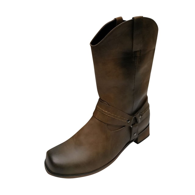 Mens Leather Non-slip Slip-On Round Toe Buckle Low-heeled Shoes Cowboy Boots