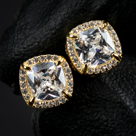 Small Cushion Cut CZ Halo Yellow Gold Plated 925 Sterling Silver Women’s Men’s Iced Flower Cluster Hip Hop Trendy Tiny Unisex Cubic Zirconia Stud Screw Back Earrings