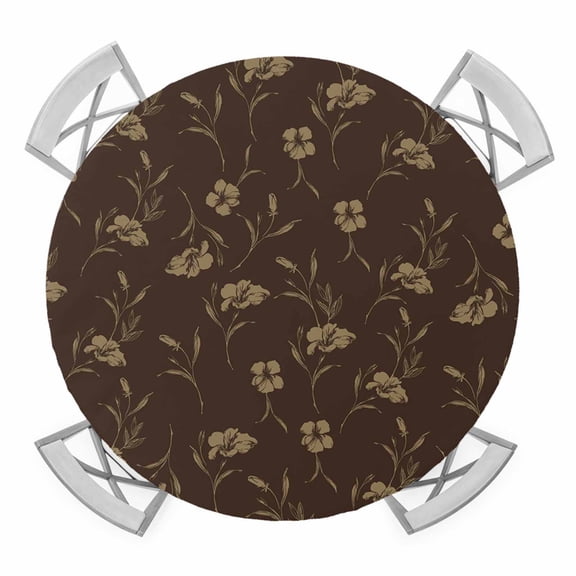 Elastic Fitted Round Tablecloth, Brown Floral Waterproof Stretch Table Cover for 36"-44" Tables, Vintage Spring Botanical Flowers Washable Outdoor Tablecloths for Patio, Picnic, Camping