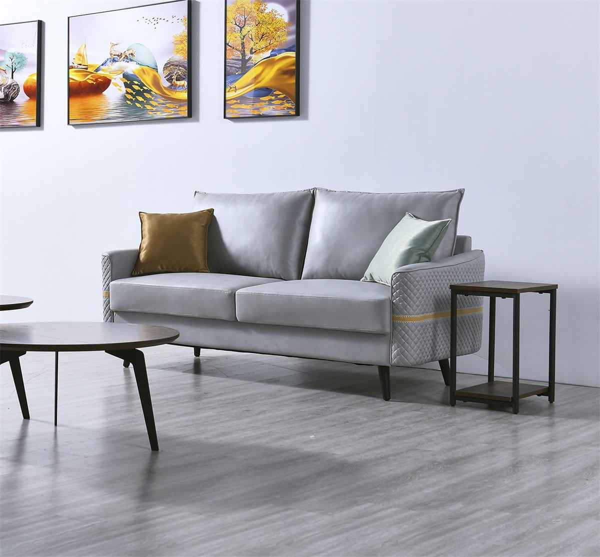 Living Room Leather Sofa Couch, 3-Seat Tufted Love Seat with 2 Pillows, Light Blue
