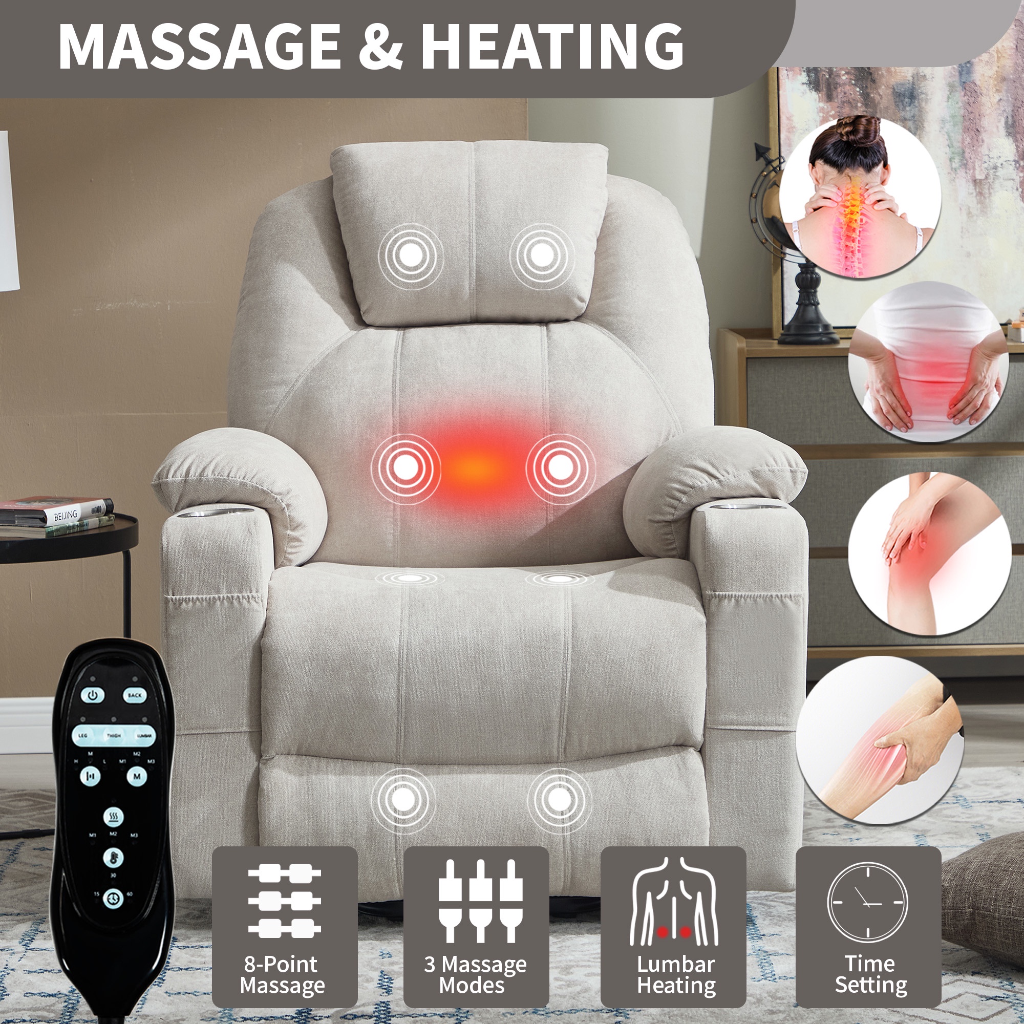 Chenille Power Lift Recliner Chair for Seniors, Heavy Duty 350 lbs Capacity with 8-Point Massage & Lumbar Heat, USB Type-A/C Ports, Stainless Steel Cup Holders, Living Room Comfort