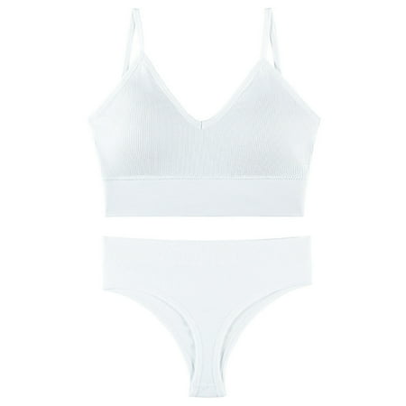 

Women Wheel-Free Bra and Thong Set Rib Underwear High Cut Panties M White