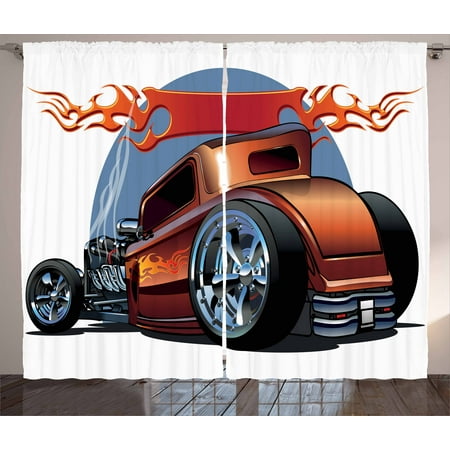 Cars Curtains 2 Panels Set, Cartoon Hot Rod Antique Customized Classical American Engine Nostalgia Revival, Window Drapes for Living Room Bedroom, 108W X 90L Inches, Orange Blue Black, by (Best Way To Customize Windows 7)
