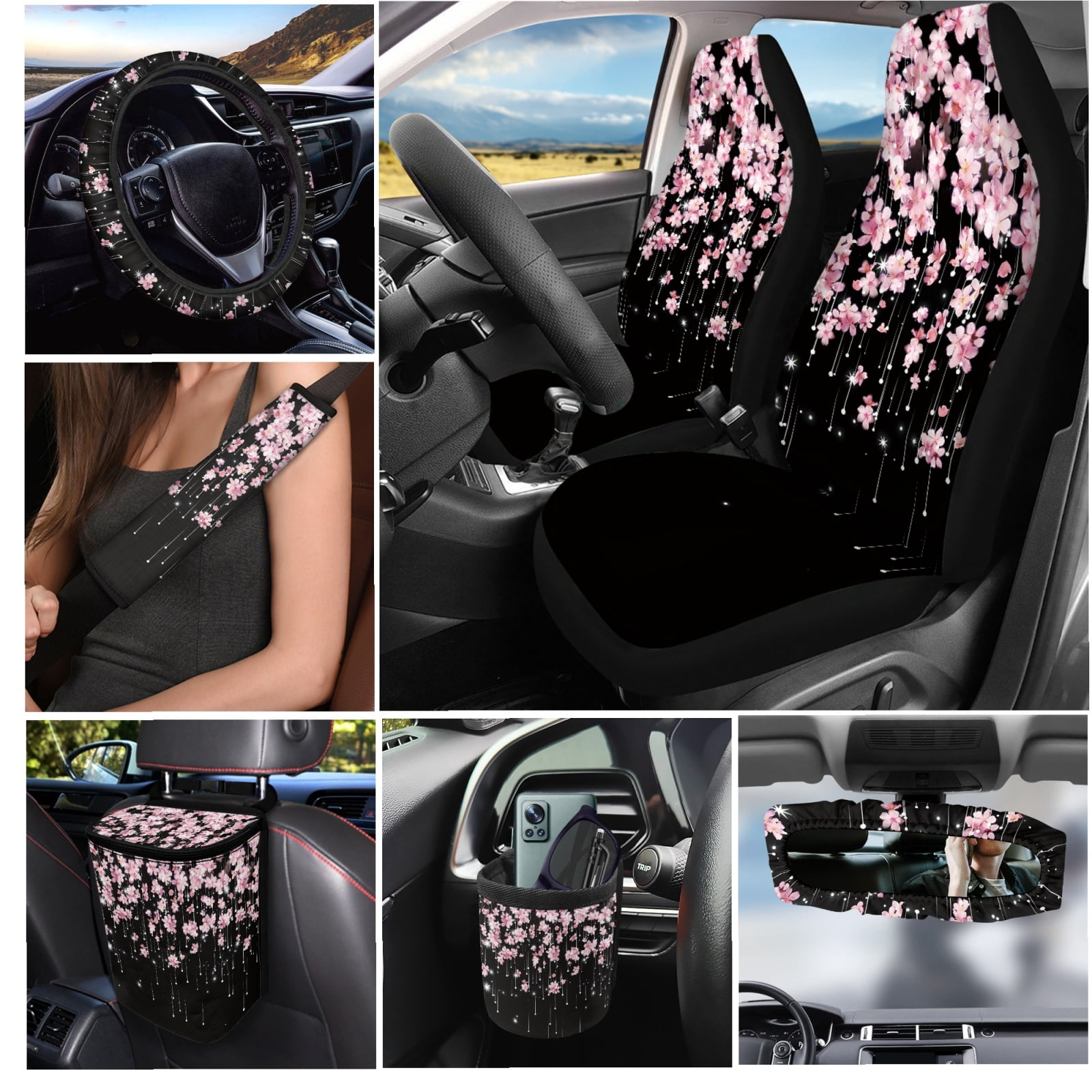 Jeiento 15 PCS Car Seat Cover Full Set for Women Includes Steering Wheel Cover Belt Shoulder Pads Trash Bin Air Vent Phone Holder Rearview Protection Cover Coasters Key Chain Pink Cherry Blossom