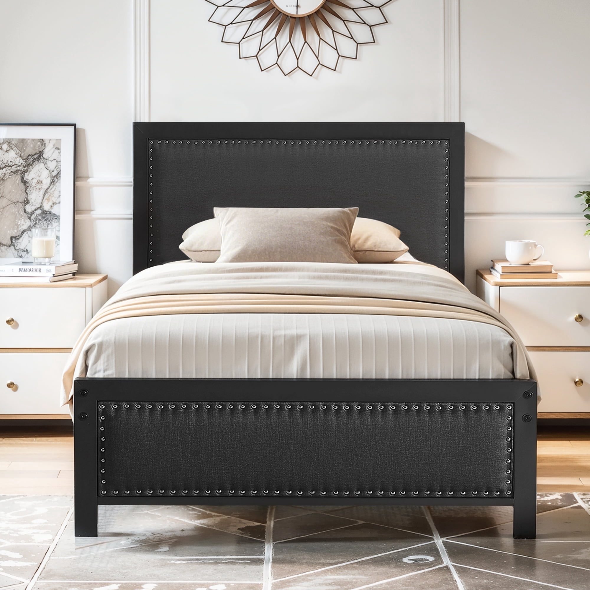 VECELO Twin Size Bed Frame Metal Platform Bed with Upholstered Headboard, No Box Spring Needed, Black