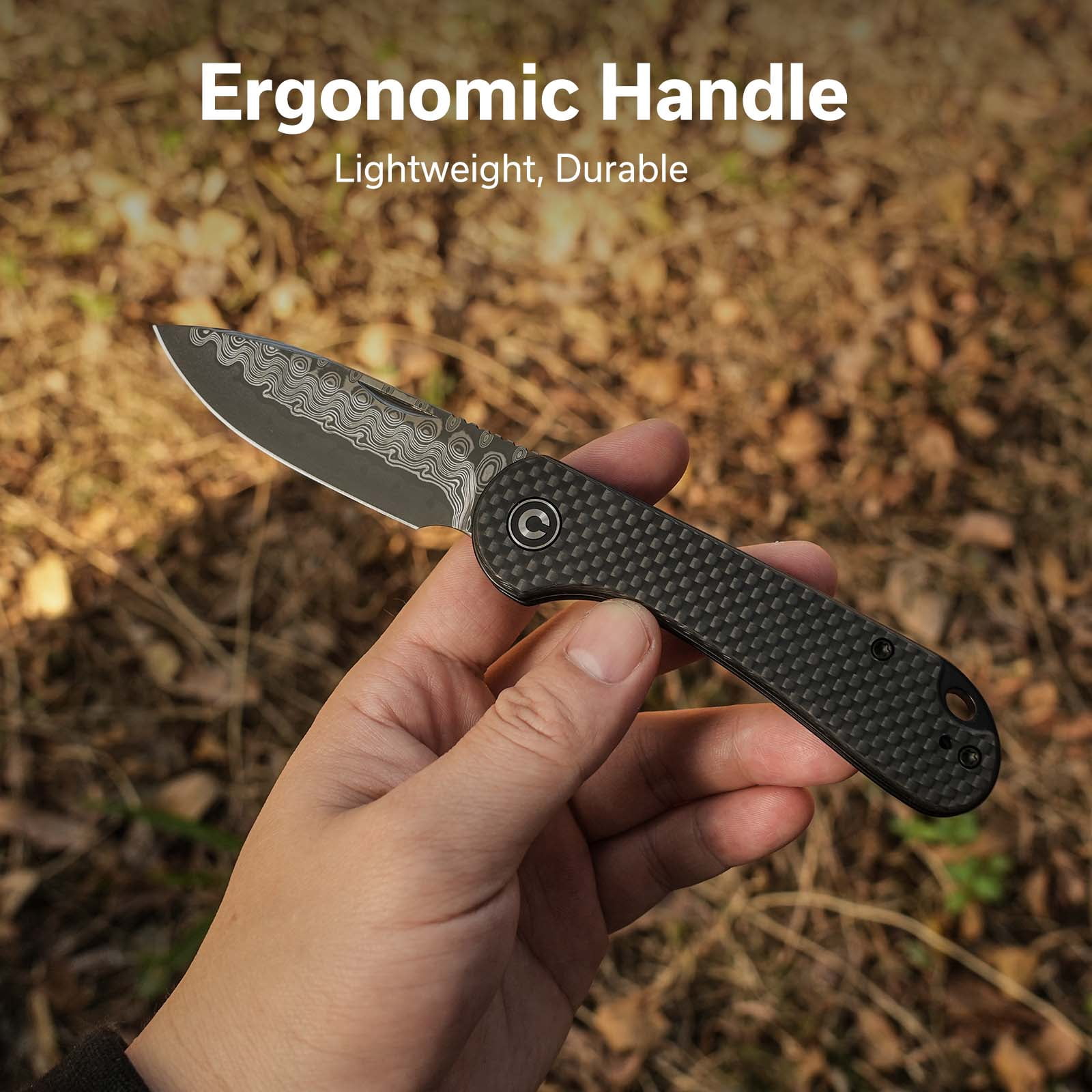 CIVIVI Elementum Slip Joint Pocket Knife, Folding Knife with 2.96" Damascus Blade Twill Carbon Fiber Handle C18062AJ-DS1