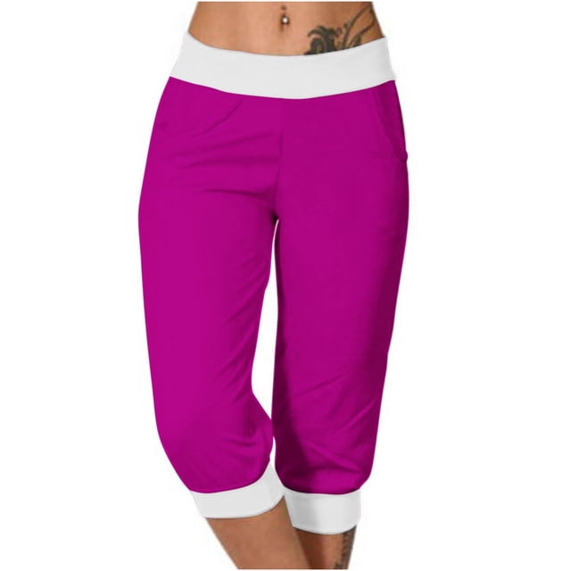 Timegard Joggers for Women Capris Mid Waisted Drawstring Color Block Comfy Casual Crop Pants with Pockets