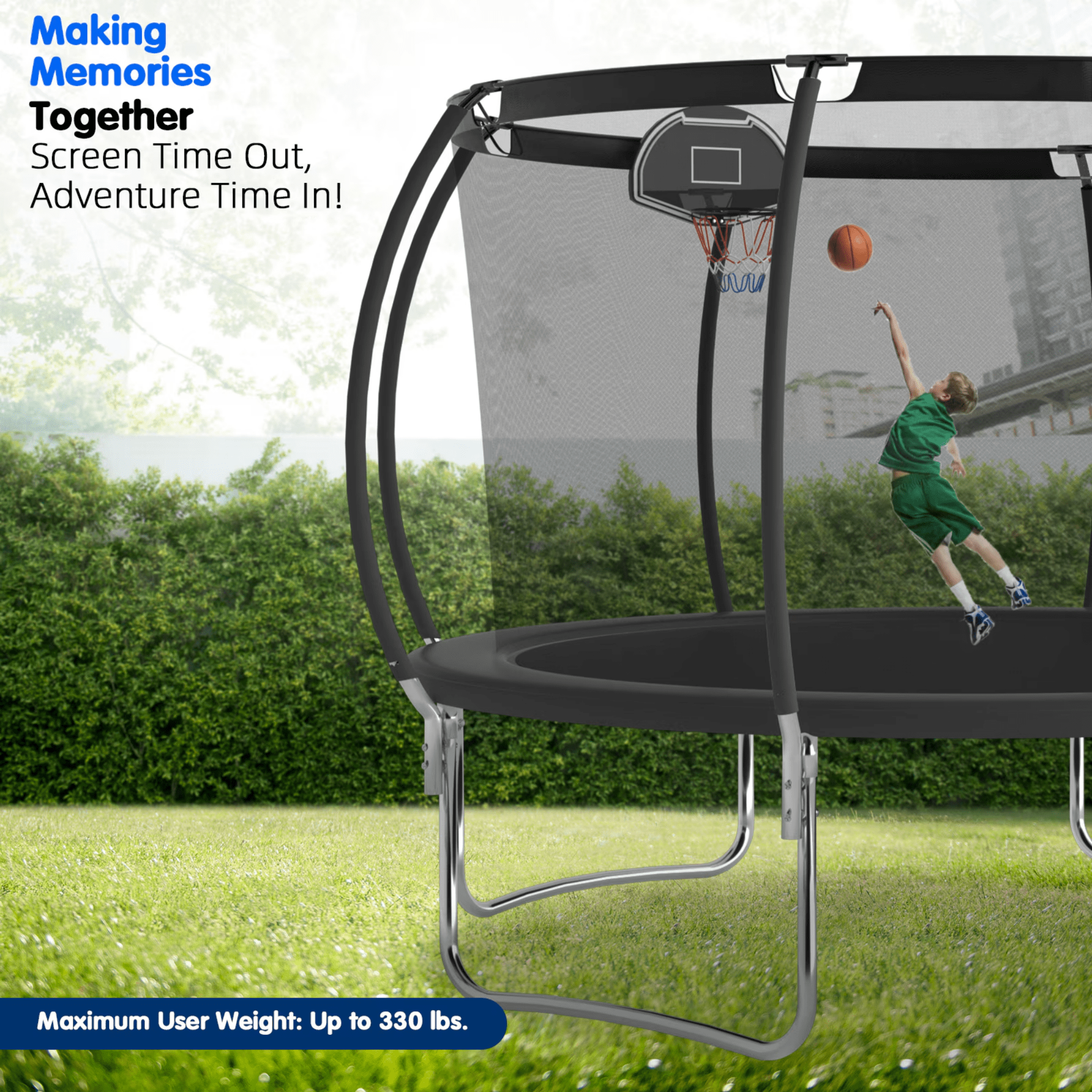 12ft Trampoline for Kids and Adults, Outdoor Trampoline with Enclousre Net, Heavy Duty Trampoline with Basketball Hoop and Ladder, 330lbs Capacity, Easy Assembly, Black