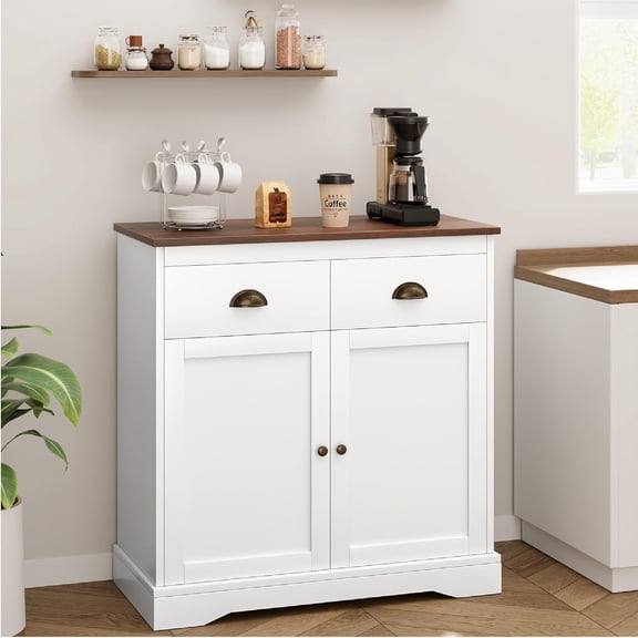 Coffee Bar Cabinet, Modern Farmhouse Buffet Cabinet with 2 Drawers and Adjustable Shelf, Double Door Kitchen Cabinet, White
