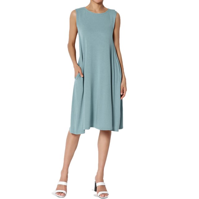 TheMoogan Women's Basic Sleeveless Crew Neck Knee Length A-Line Jersey Pocket Swing Dress