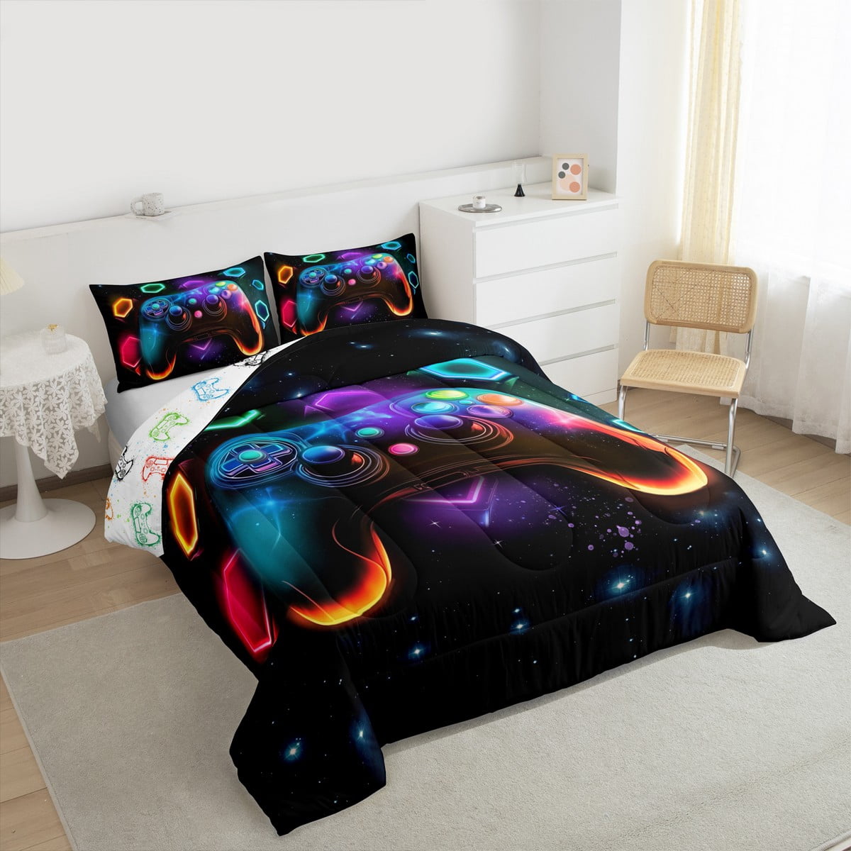 Gamepad Bedding Set Queen for Teens 3pcs Soft,Colorful Galxy Bedding Decor,Gamepad Reversible