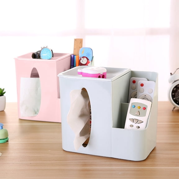 Desktop Tissue Box Holder with Multifunctional Storage Compartment, Plastic Construction in Blue or Pink, 19x12x17cm for Tissues & Small Items, Space-saving Design for Living Room, Office,