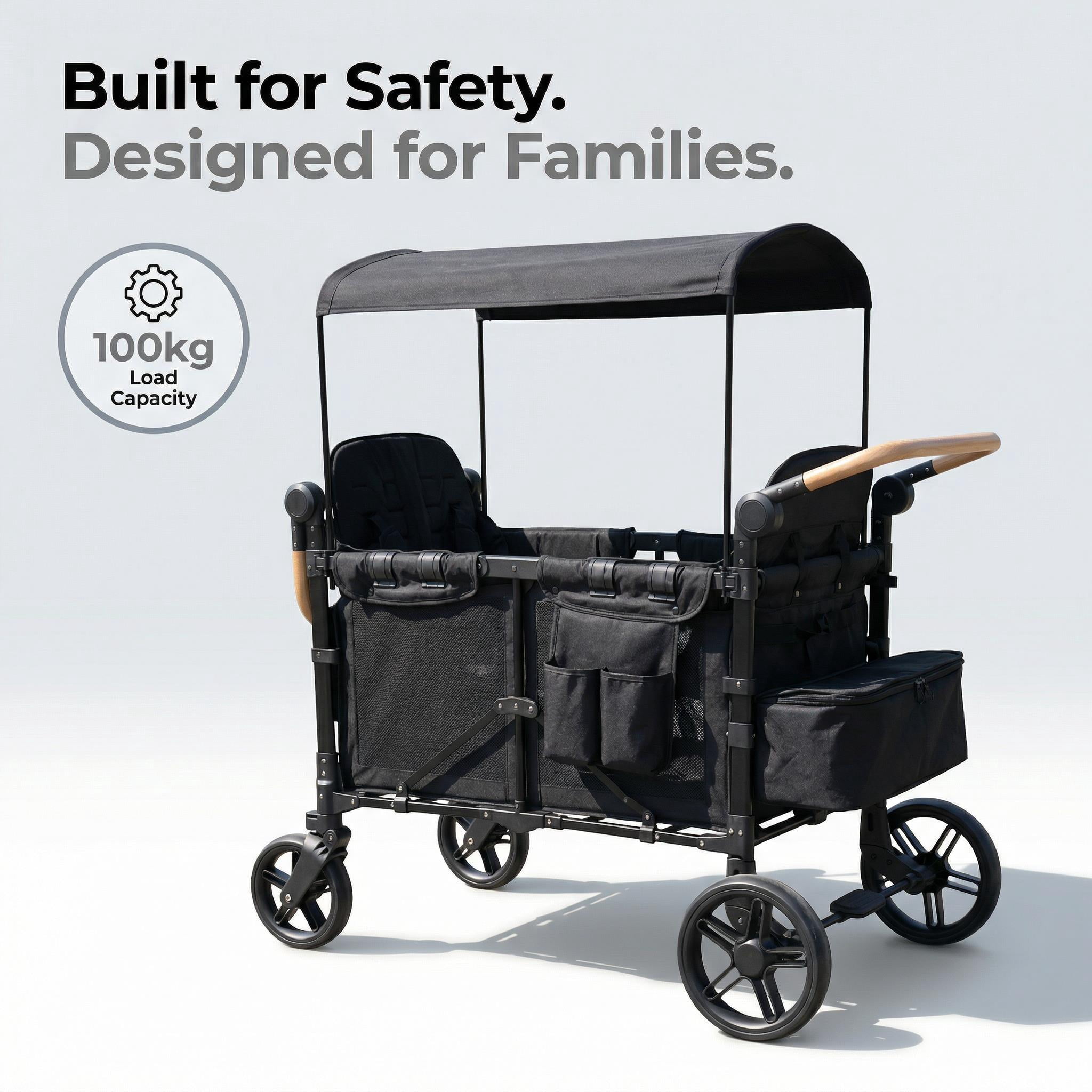 Collapsible Wagon Stroller, Wagon Stroller for 4 Kids with All Wheels Shock-Absorbing,5 Point Harness,Removable Canopy & Storage Bag for Outdoor