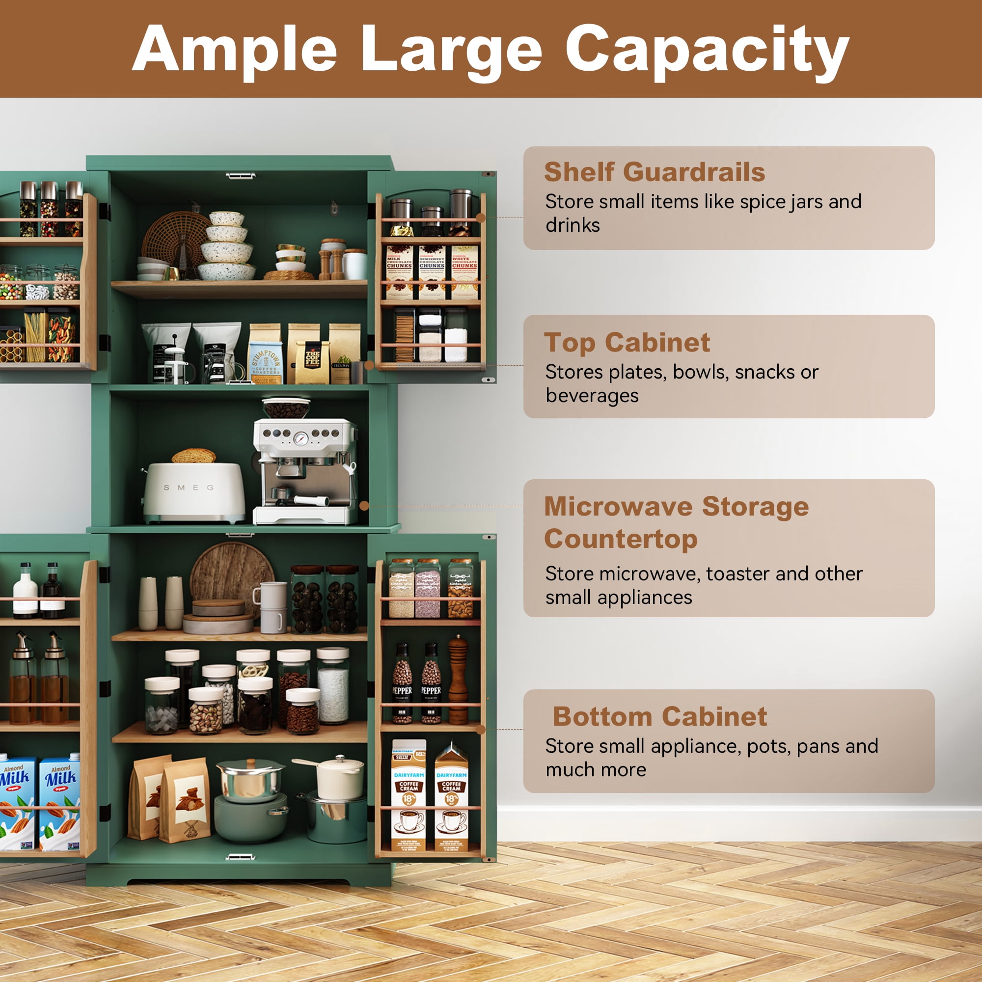 HLR 72" Kitchen Pantry Cabinet, Freestanding Pantry Storage Cabinet with Hutch & Shelves, Green