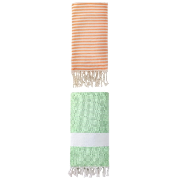 Unique Bargains 2 Pack Sand Proof Absorb Fast Turkish Towel Orange/Green 71"x40"