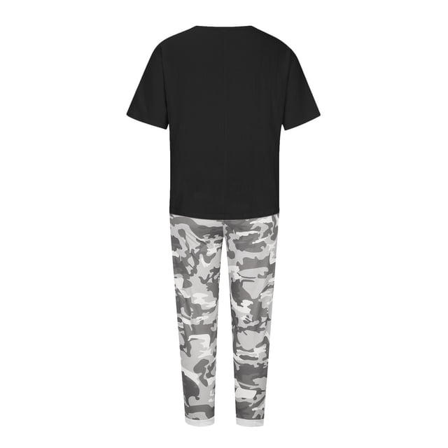 Mikilon Vêtements de Détente Confortables pour Femmes Ensemble 2 Pcs Imprimé Décontracté Manches Moyennes Col Rond + Pantalon Noir-A m