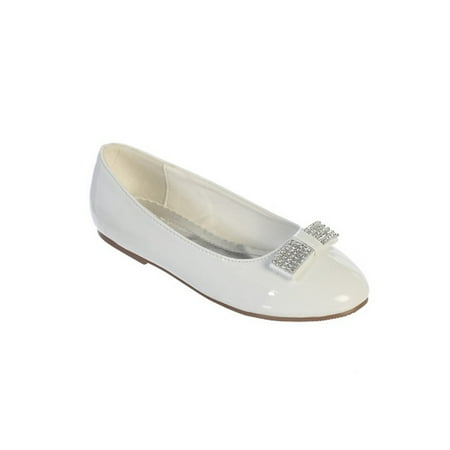 White Leather Rhinestone - Girls White Glitter Rhinestone Bow Accent Patent Leather Flats 5 Kids