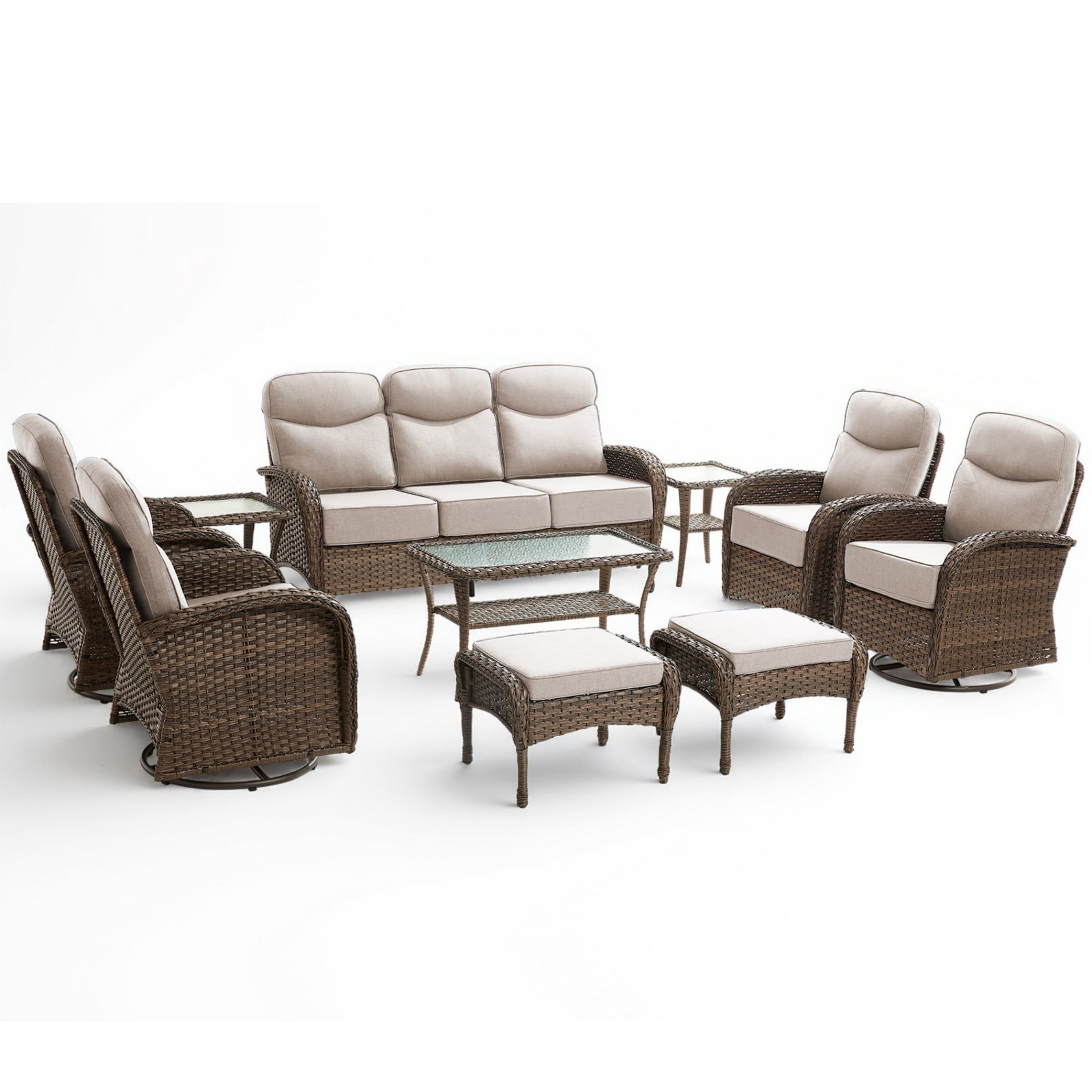 Unnifurnzi 10 Pieces Patio Furniture Set-6'' Thick Cushions Outdoor Furniture with Swivel Rocker Chairs Outdoor Couch and Ottomans Wicker Patio Furniture for Deck Porch Garden Poolside-Brown/Beige