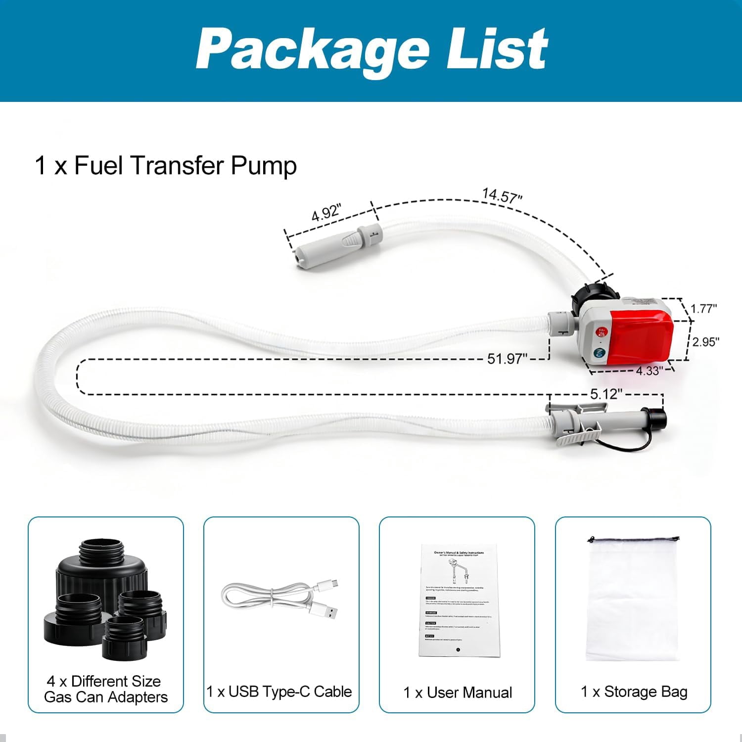 Binazon Fuel Transfer Pump 3.2 GPM Battery-Powered with Auto-Stop Sensor, 4 Adapters, 51 Inch Hose Gifts for Men Dad Him