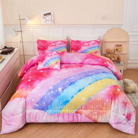 URBONUR 4 Pieces Rainbow Pink Twin Comforter Set for Girls/Kids/Teens Rainbow Girls Bedding Set Colorful Tie Dye Pink Bed Set Gradient Glitter Kids Bedding Comforter Set with Pillowcases