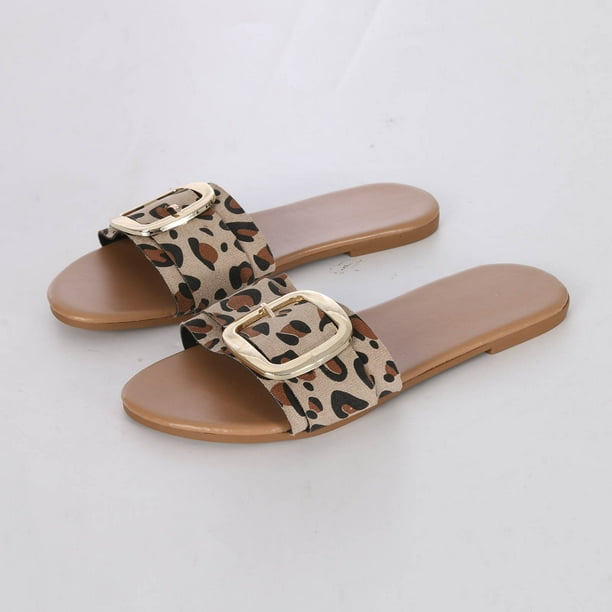 Sandalias de playa planas con estampado de leopardo y hebilla decorativa con punta abierta para vacaciones informales para mujer Wmkox8yii ytu6105