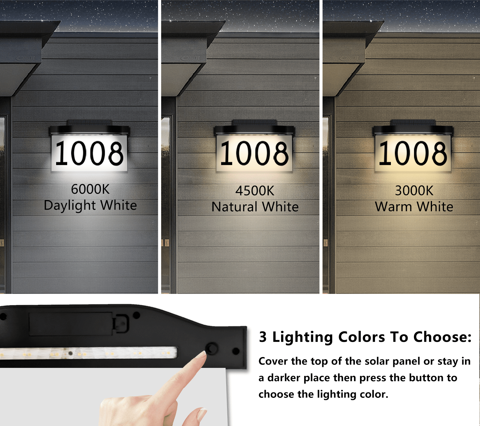 Adorer Solar House Numbers Address Plaques 3 Lighting Colors & Adjustable Solar Panel House Number for Outside, LED Solar Powered Address Sign Outdoor Waterproof