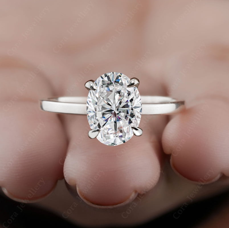 Cora Jewellery 3CT Bridge Diamond Oval Moissanite Hidden Halo Engagement Ring For Women, 10K White Gold