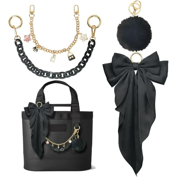 4PCS Tote Bag Decor Kit, Decorative Bow & Pom Pom Accessories, Compatible with YETI Camino 20/35/50 Carryall, Bogg Beach Tote Bags (Black)